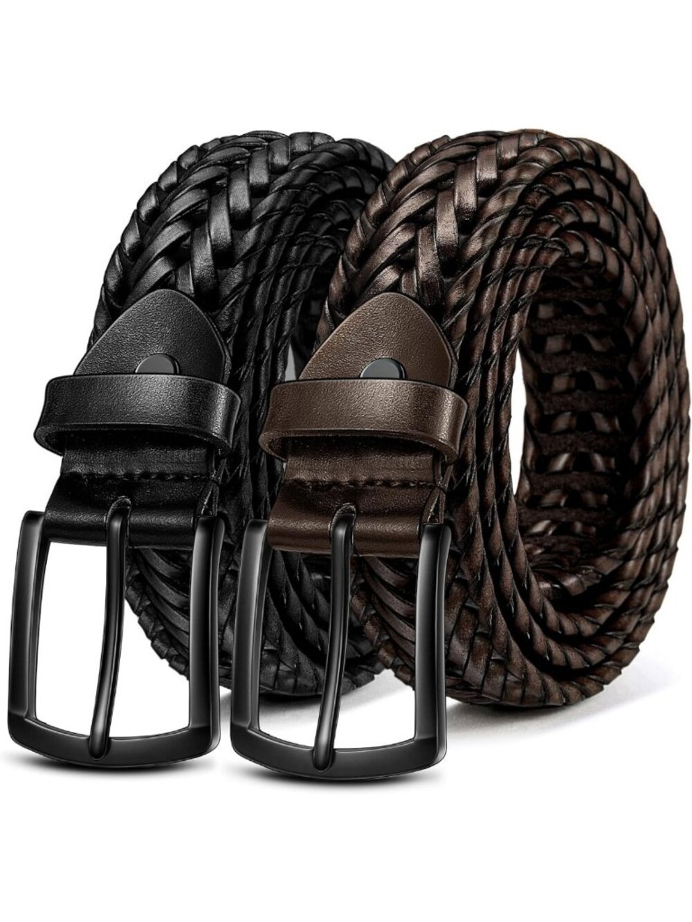 Stylish Men's Braided Leather Belt Set - 2 Pack, Gift Boxed, Adjustable Fit